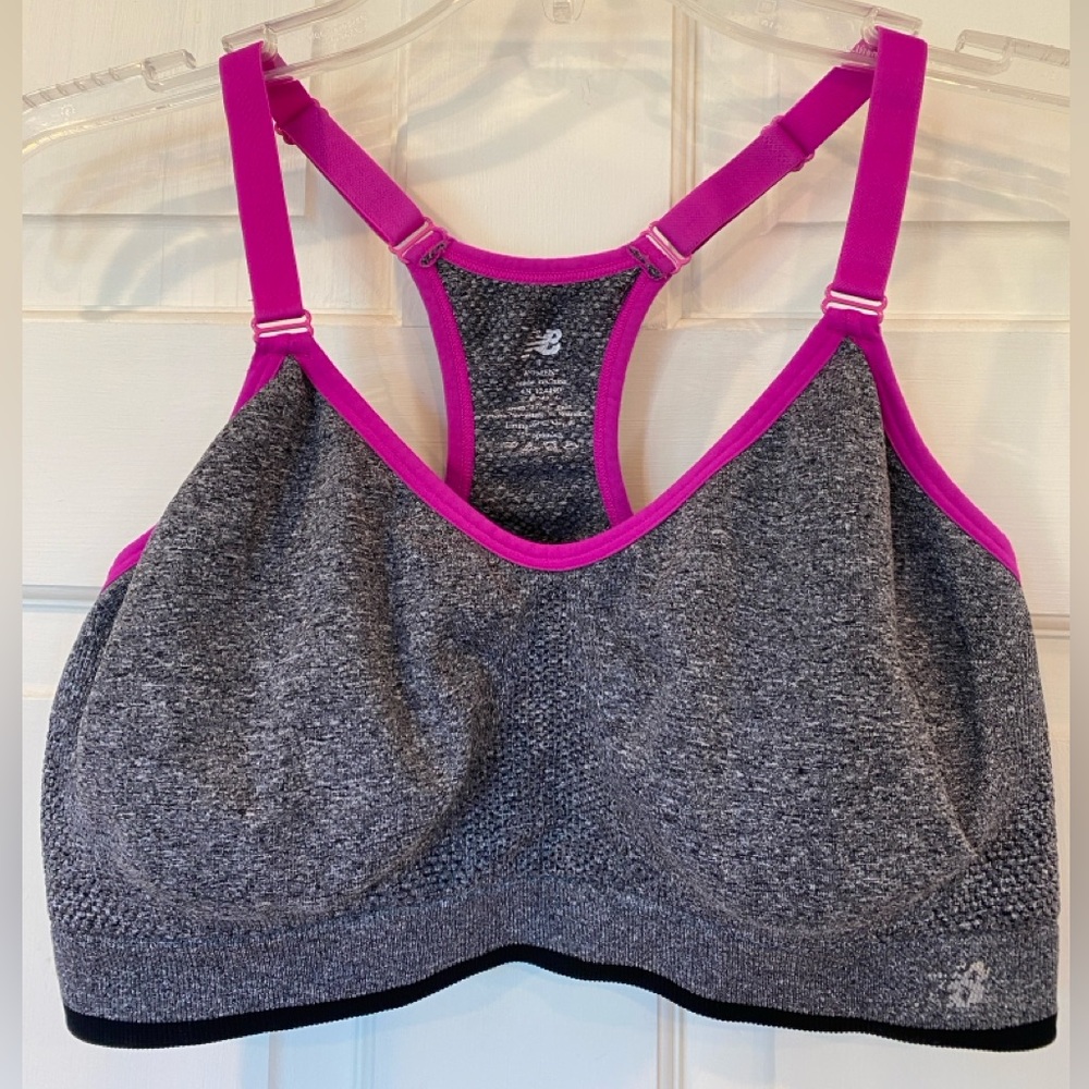 L New Balance Racerback Adj Straps Sports Bra Grey Magenta NB Racerback Top Pink